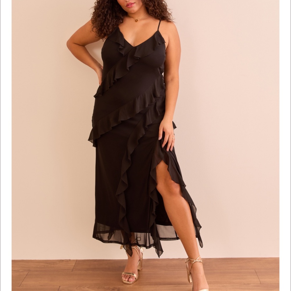 ARULA Black Ruffled Slip Dress with Spaghetti Straps